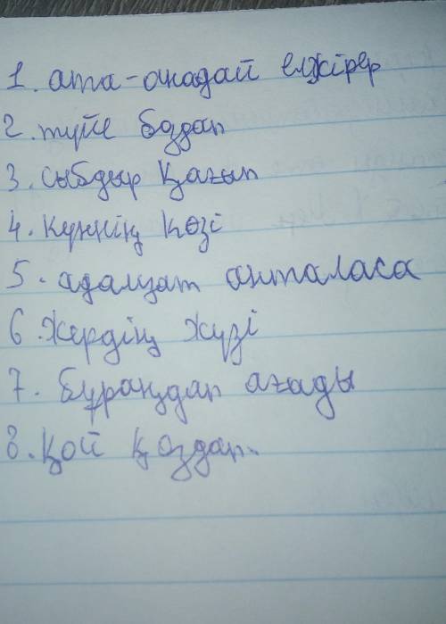 . Сөздерді мағынасына қарай сәйкестендір.1 ата-анадай 2 түйе3 сыбдыр4 күннің5 адамзат6 жердің7 бұраң