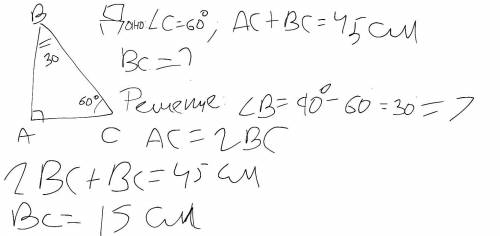 В прямоугольном треугольнике сумма гипотенузы и меньшего катета равна 45см. Найдите гипотенузу треуг