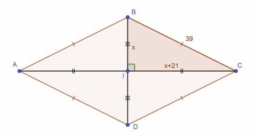 Знайти площут ромба сторона якого дорівнює 39 см а різниця діагоналей 42 см намалюйте будь-ласка ще