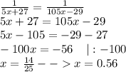 \frac{1}{5x+27} =\frac{1}{105x-29} \\5x+27=105x-29\\5x-105=-29-27\\-100x=-56\;\;\;\;|:-100\\x=\frac{14}{25}--x=0.56