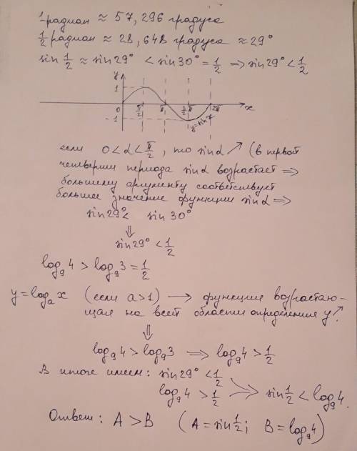 Какое число больше а=sin(1/2) или b=log_(9) 4 С объяснением