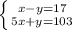 \left \{ {{x-y=17} \atop {5x+y=103}} \right.