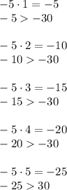 -5\cdot1=-5\\-5-30\\\\-5\cdot2=-10\\-10-30\\\\-5\cdot3=-15\\-15-30\\\\-5\cdot4=-20\\-20-30\\\\-5\cdot5=-25\\-2530