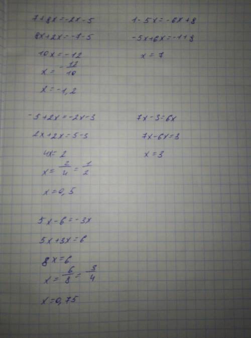 решите уравнение:7+8x=-2x-5; 1-5x=-6x+8; -5+2x=-2x-3; 7x-3=6x; 5x-6=-3x; буду очень благодарен