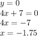 y = 0 \\ 4x + 7 = 0 \\ 4x = - 7 \\ x = - 1.75