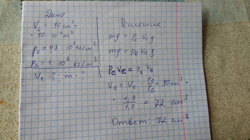 Плавающее тело вытесняет спирт объемом 90 см3. Определи, какой объём воды будет вытеснять это тело.