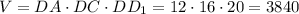 V=DA \cdot DC \cdot DD_1=12 \cdot 16 \cdot 20=3840