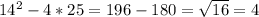 14^{2} - 4 * 25 = 196 -180 = \sqrt{16} = 4