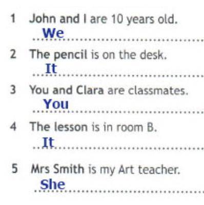 The pencil is on the desk. Mary and I are ten years old. Mrs Smith is my art teacher. You and Fred a