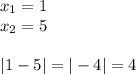 x_1=1 \\ x_2=5 \\ \\ |1-5|=|-4|=4