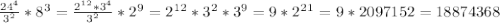 \frac{24^4}{3^2} * 8^3 = \frac{2^1^2*3^4}{3^2} *2^9 = 2^1^2*3^2*3^9=9*2^2^1= 9 * 2097152 = 18874368