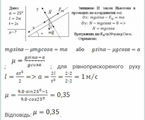 Похила площина, утворює кут 25 0 з площиною горизонту і має довжину 2 м. Тіло, рухаючись рівноприско