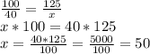 \frac{100}{40} =\frac{125}{x} \\x*100=40*125\\x=\frac{40*125}{100} =\frac{5000}{100}=50