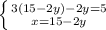 \left \{ {{3(15-2y)-2y=5} \atop {x=15-2y}} \right.