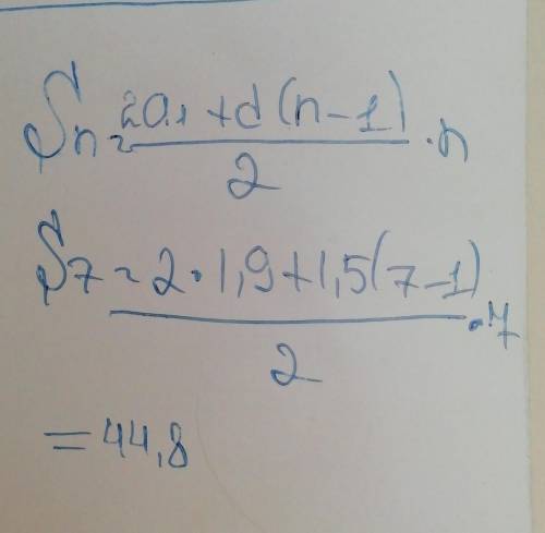 Дана арифметическая прогрессия (an). Известно, что a1=1,9 и d=1,5. Вычисли сумму первых семи членов