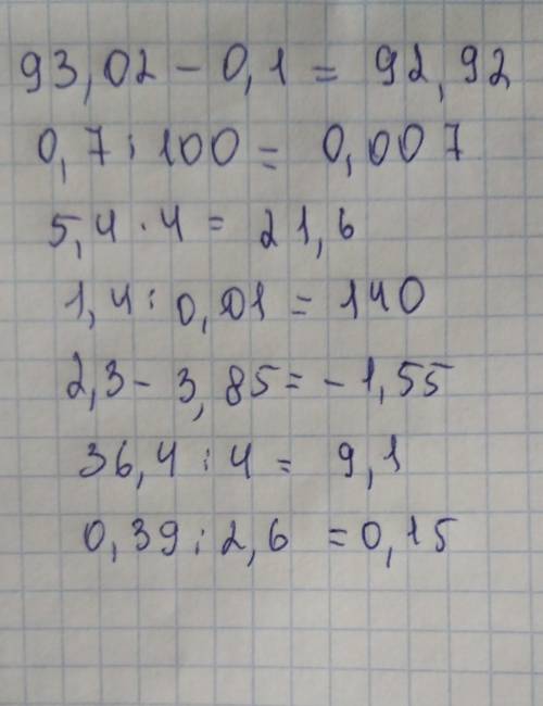 решить:а) 93,02 - 0,1d) 0,7 : 100b) 5,4 4е) 1,4 : 0,01c) 2,3 - 3,85f) 36,4 : 4g)0,39: 2,6​