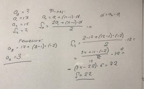 Найдите 8 член и сумму двенадцати первых членов арифметической прогрессии (an), если a1 = 17 a2 = 15