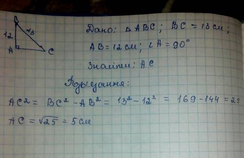 Повністю розв'язання У прямокутному трикутнику катет дорівнює 12см, а гіпотенуза 13см . Знайти інши