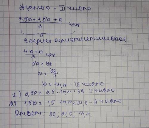 Среднее арифметическое трёх чисел — 24. Найди эти числа, если первое число в 2,5 раза больше третьег