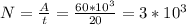 N=\frac{A}{t} =\frac{60*10^3}{20} =3*10^3