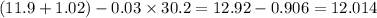 (11.9 + 1.02) - 0.03 \times 30.2 = 12.92 - 0.906 = 12.014