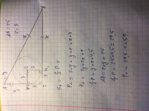 Во В треугольнике ABC угол С прямой, АВ=25, радиус вписанной окружности равен 3. Найдите периметр тр