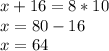 x+16=8*10\\x=80-16\\x=64