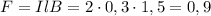 \[F = IlB = 2 \cdot 0,3 \cdot 1,5 = 0,9\]