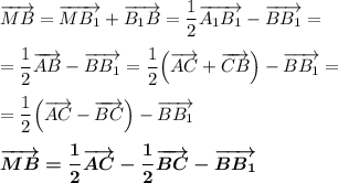 \overrightarrow {MB}=\overrightarrow{MB_1}+\overrightarrow{B_1B}=\dfrac 12\overrightarrow{A_1B_1}-\overrightarrow{BB_1}=\\\\=\dfrac 12\overrightarrow{AB}-\overrightarrow{BB_1}=\dfrac 12\Big(\overrightarrow{AC}+\overrightarrow{CB}\Big)-\overrightarrow{BB_1}=\\\\=\dfrac 12\Big(\overrightarrow{AC}-\overrightarrow{BC}\Big)-\overrightarrow{BB_1}\\\\\boldsymbol{\overrightarrow{MB}=\dfrac 12\overrightarrow{AC}-\dfrac 12\overrightarrow{BC}-\overrightarrow{BB_1}}