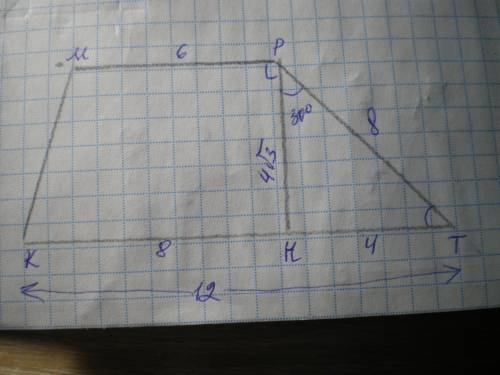Знайдіть площу трапеції , основи якої = 6 см і 12 см а бічна сторона завдовжки 8 см утворює з меншою