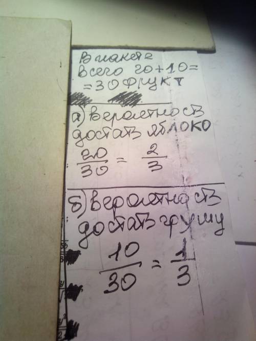 У пакеті лежать 20 яблук та 10 груш Якою є ймовірність витягнути: А) яблуко Б) грушу