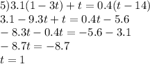 5)3.1(1 - 3t) + t = 0.4(t - 14) \\ 3.1 - 9.3t + t = 0.4t - 5.6 \\ - 8.3t - 0.4t = - 5.6 - 3.1 \\ - 8.7t = - 8.7 \\ t = 1