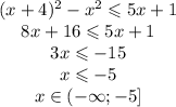 \begin{matrix}(x+4)^2 - x^2 \leqslant 5x + 1\\ 8x + 16 \leqslant 5x + 1\\ 3x \leqslant -15\\ x \leqslant -5\\ x \in (-\infty; -5]\end{matrix}