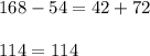 168 - 54 = 42 + 72\\\\114 = 114