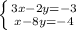 \left \{ {{3x-2y= - 3} \atop {x-8y = - 4}} \right.