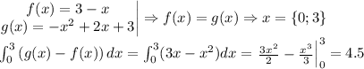 \left.\begin{matrix}\begin{matrix}f(x)=3-x\\ g(x)=-x^2+2x+3\end{matrix}\end{matrix}\right|\Rightarrow f(x)=g(x)\Rightarrow x=\left \{ 0;3 \right \}\\\int_{0}^{3}\left ( g(x)-f(x) \right )dx=\int_{0}^{3}(3x-x^2)dx=\left.\begin{matrix}\frac{3x^2}{2}-\frac{x^3}{3}\end{matrix}\right|_0^3=4.5