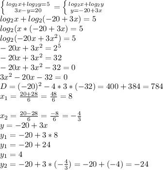 \left \{ {{log_{2}x+log_{2}y=5 } \atop {3x-y=20}} \right.= \left \{ {{log_{2}x+log_{2}y} \atop {y=-20+3x}} \right.\\log_{2}x+log_{2}(-20+3x)=5\\ log_{2}(x*(-20+3x)=5\\ log_{2} (-20x+3x^{2} )=5\\-20x+3x^{2} =2^{5} \\-20x+3x^{2} =32\\-20x+3x^{2}-32=0\\ 3x^{2} -20x-32=0\\D=(-20)^{2} -4*3*(-32)=400+384=784\\x_{1} =\frac{20+28}{6} =\frac{48}{6}=8\\\\x_{2} =\frac{20-28}{6} =\frac{-8}{6} =-\frac{4}{3} \\y=-20+3x\\y_{1} =-20+3*8\\ y_{1} =-20+24\\y_{1} =4\\y_{2} =-20+3*(-\frac{4}{3})=-20+(-4)=-24