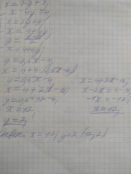 X=2y+8; x-4y=4. Методом підставки.