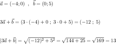 \vec{a}=(-4;0)\; \; ,\; \; \vec{b}=(0;5)\\\\\\3\vec{a}+\vec{b}=(3\cdot (-4)+0\; ;\; 3\cdot 0+5)=(-12\; ;\; 5)\\\\\\|3\vec{a}+\vec{b}|=\sqrt{(-12)^2+5^2}=\sqrt{144+25}=\sqrt{169}=13