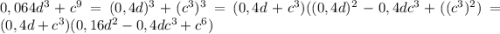 0,064 d^{3}+c^{9} = (0,4d)^{3} +(c^{3})^{3}=(0,4d+c^{3} ) ((0,4d)^{2} -0,4dc^{3} +((c^{3})^{2})=(0,4d+c^{3} ) (0,16d^{2} -0,4dc^{3} +c^{6})