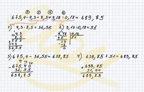 Найди значение выражения 675,4-4,3*8,5+9,18 :0,18