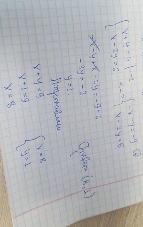 Решите систему уравнений: {x+y=9 x-2y=6