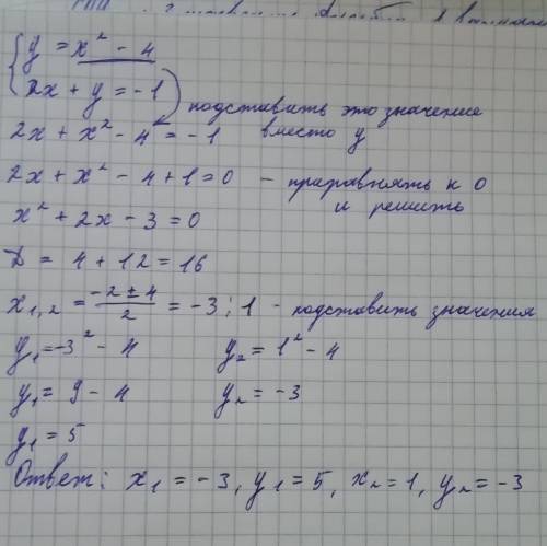 Розв'язати графічно систему рівнянь: у = х^2 - 4 2x+y=-1