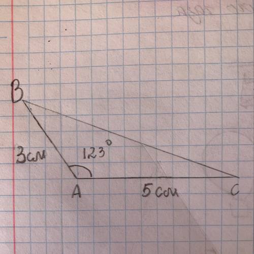 Построить треугольник со сторонами АВ=3см,АС=5см угол между ними равен 123 градуса ​