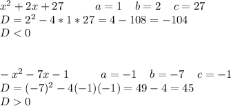 x^2+2x+27\;\;\;\;\;\;\;\;\;\;a=1\;\;\;\;b=2\;\;\;\;c=27\\D = 2^2 - 4*1*27 = 4 - 108 = -104\\D0