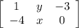 \left[\begin{array}{ccc}1&y&-3\\-4&x&0\\\end{array}\right]