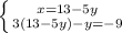 \left \{ {{x = 13 - 5y} \atop {3(13 - 5y) - y = -9}} \right.