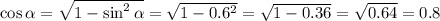 \cos\alpha =\sqrt{1-\sin^2\alpha } =\sqrt{1-0.6^2 }= \sqrt{1-0.36} =\sqrt{0.64} =0.8