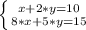 \left \{ {{x+2*y=10} \atop {8*x+5*y=15}} \right .