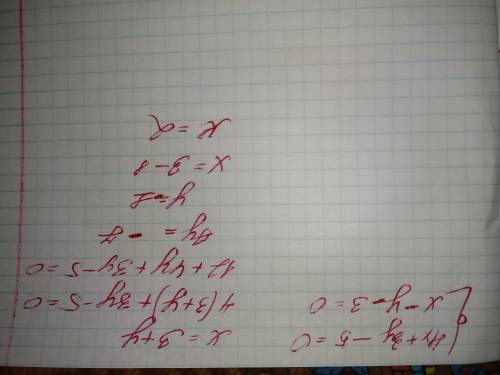 Решите системы уравнений подстановки х+3у-5=0, {х-у-3=0.{х-у-7=0, {5х-3у-1=0 {6х+5у-6=0, {2х+у+2=0